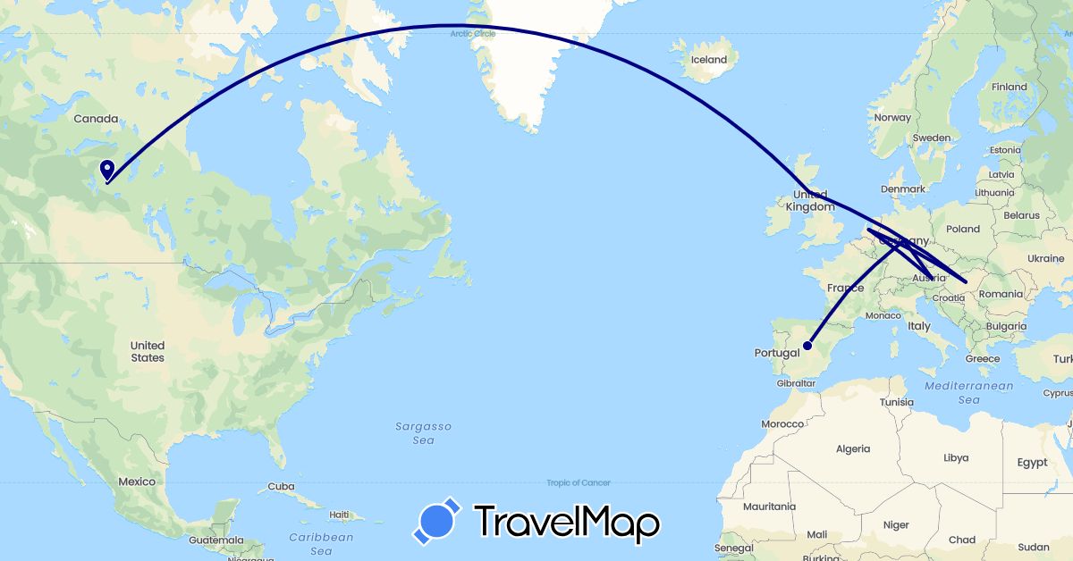 TravelMap itinerary: driving in Austria, Canada, Germany, Spain, France, United Kingdom, Hungary, Netherlands (Europe, North America)